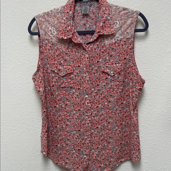 Wrangler Women's Large Sleeveless Floral Snap Button Down Pink and White - Picture 1 of 5